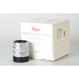 A Leitz Summicron-M f/2 50mm Lens, E39, silver chromium, serial no. 3663994, body, E, elements, E,