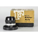 A Nikon Micro-Nikkor f/3.5 55mm Lens, black, serial no. 256697, body, E, elements, VG-E, in maker’