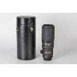 A Nikon AF ED Micro-Nikkor f/4 200mm Lens, black, serial no. 202709, body, E, elements, E, in