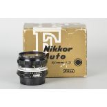 A Nikon Nikkor-H.C. f/2 50mm Lens, black, serial no. 2188916, body, E, elements, VG-E, in maker’s
