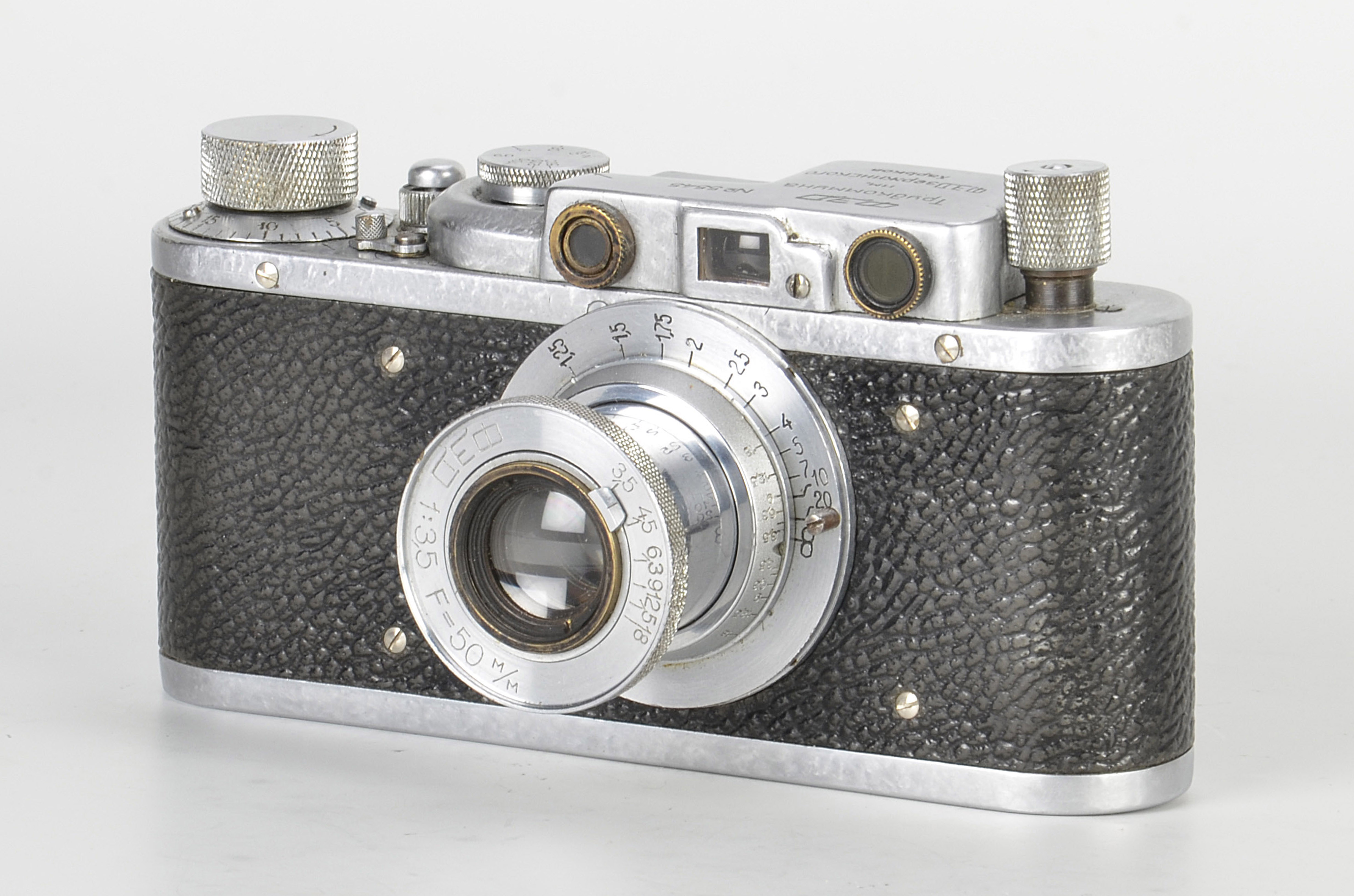 A FED Type 1A Rangefinder Camera, galvanized finish, serial no. 5545, with RED f/3.5 50mm lens,