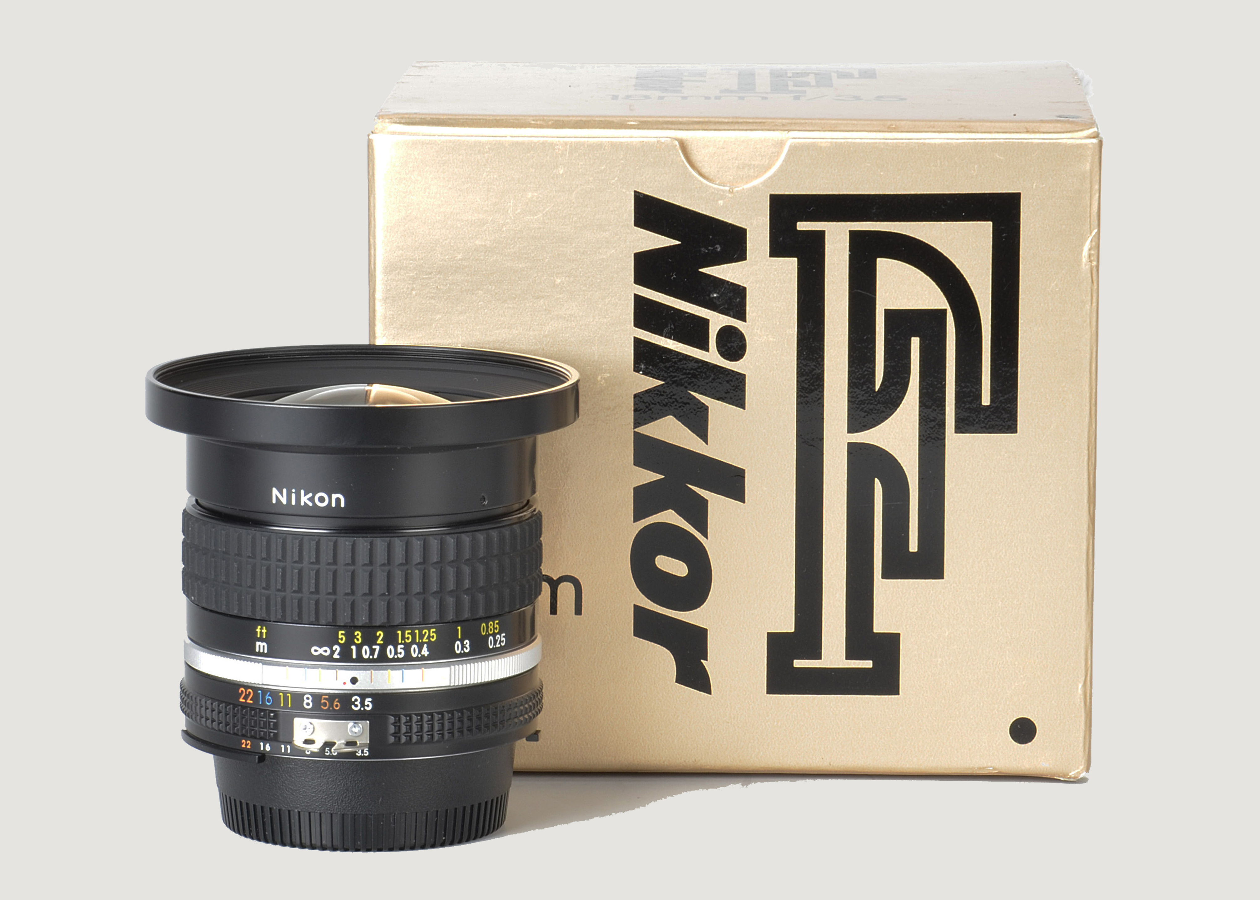 A Nikon AIS f/3.5 18mm Lens, black, serial no. 192977, body, E, elements, VG-E, in maker’s case