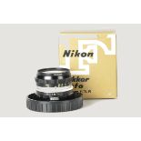 A Nikon Nikkor-H f/3.5 28mm Lens, black, serial no. 782574, body, E, elements, VG-E, in maker’s