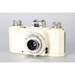 A Ilford Advocate Camera, white, serial no. 1919-9490, with Dallmeyer Anastigmat f/3.5 35mm lens,