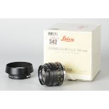 A Leitz Summilux-M f/1.4 50mm Lens, E43, black, serial no. 3589801, body, E, elements, E, with