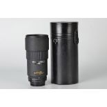 A Nikon AF ED f/2.8 180mm Lens, black, serial no. 414637, body, E, elements, E, in maker’s case