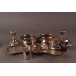 A collection of silver plated items, including an Indian white metal pot and cover, a pair of