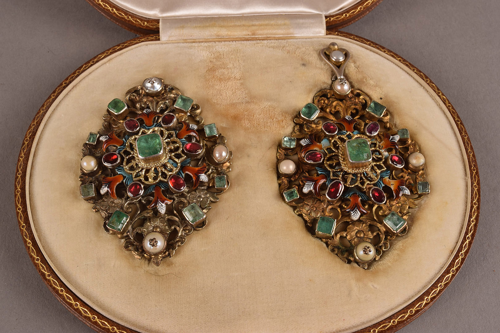 A fine Edwardian period Austro-Hungarian silver gilt enamelled and gem set pendant and brooch suite, - Image 2 of 3