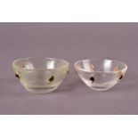 A pair of Victorian period rock crystal bowls, each circular bowl with applied gold leaves, one with