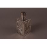 A late Victorian silver tea caddy from mappin & Webb, squared with embossed designs, London 1897,