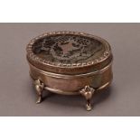 A small Edwardian silver and tortoiseshell casket by HW, the oval pique work hinged lid with