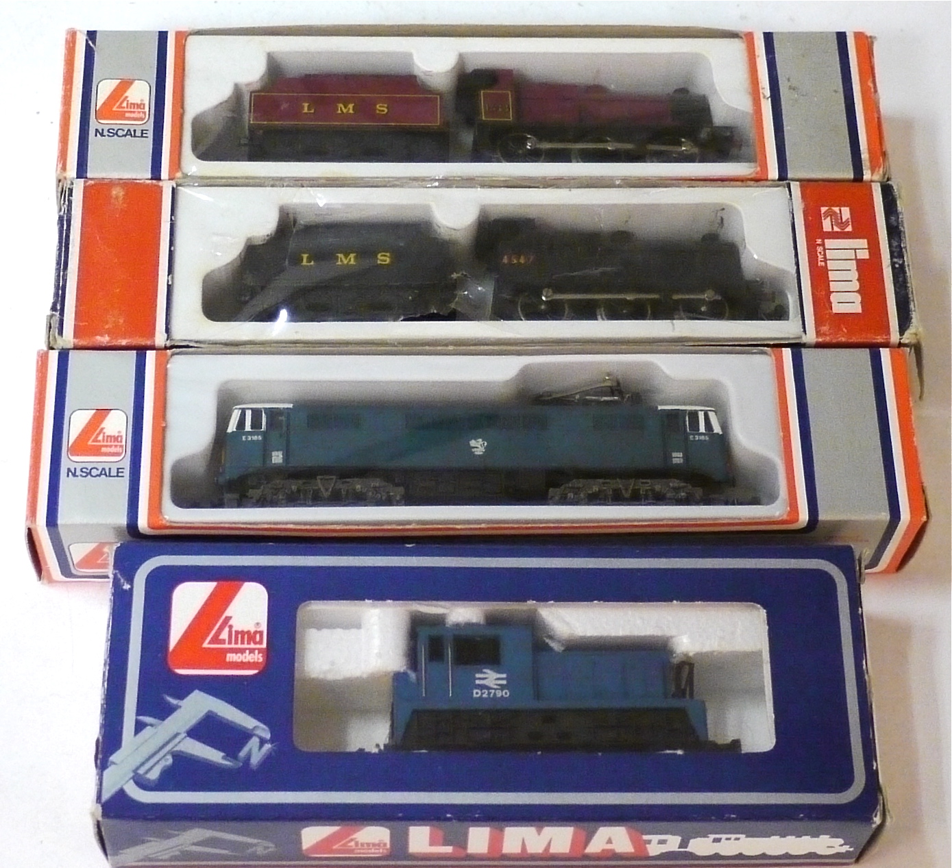 Lima N Gauge Locomotives, comprising red LMS 3F and tender, black 3F and tender, BR blue electric