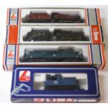 Lima N Gauge Locomotives, comprising red LMS 3F and tender, black 3F and tender, BR blue electric