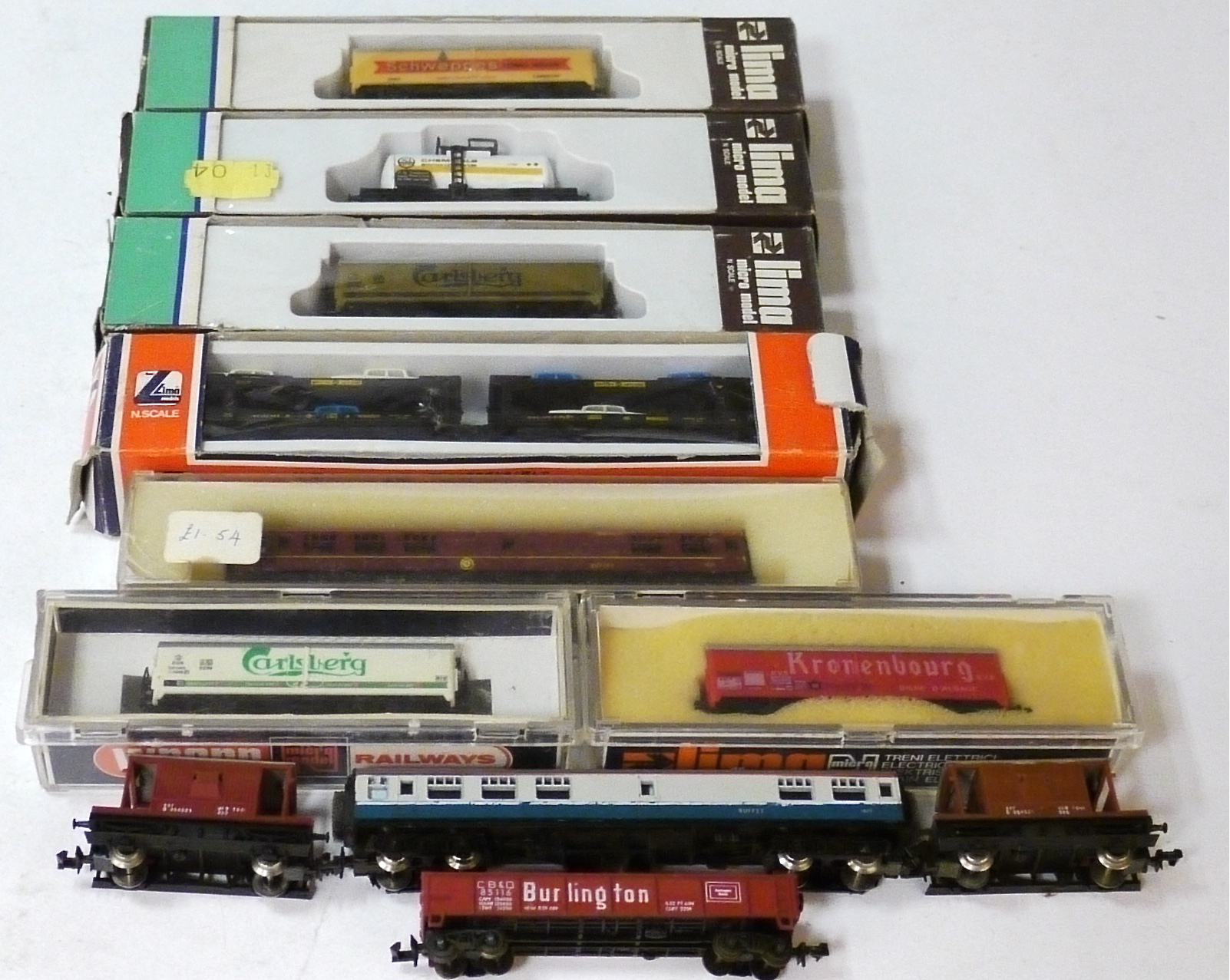 N Gauge Rolling Stock by Lima, including 2 BR coaches, 6 boxed wagons and 3 others, mostly G-VG,
