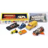 Corgi Chitty Chitty Bang Bang, no. 266, one figure missing, Dinky 151 blue Triumph, and other