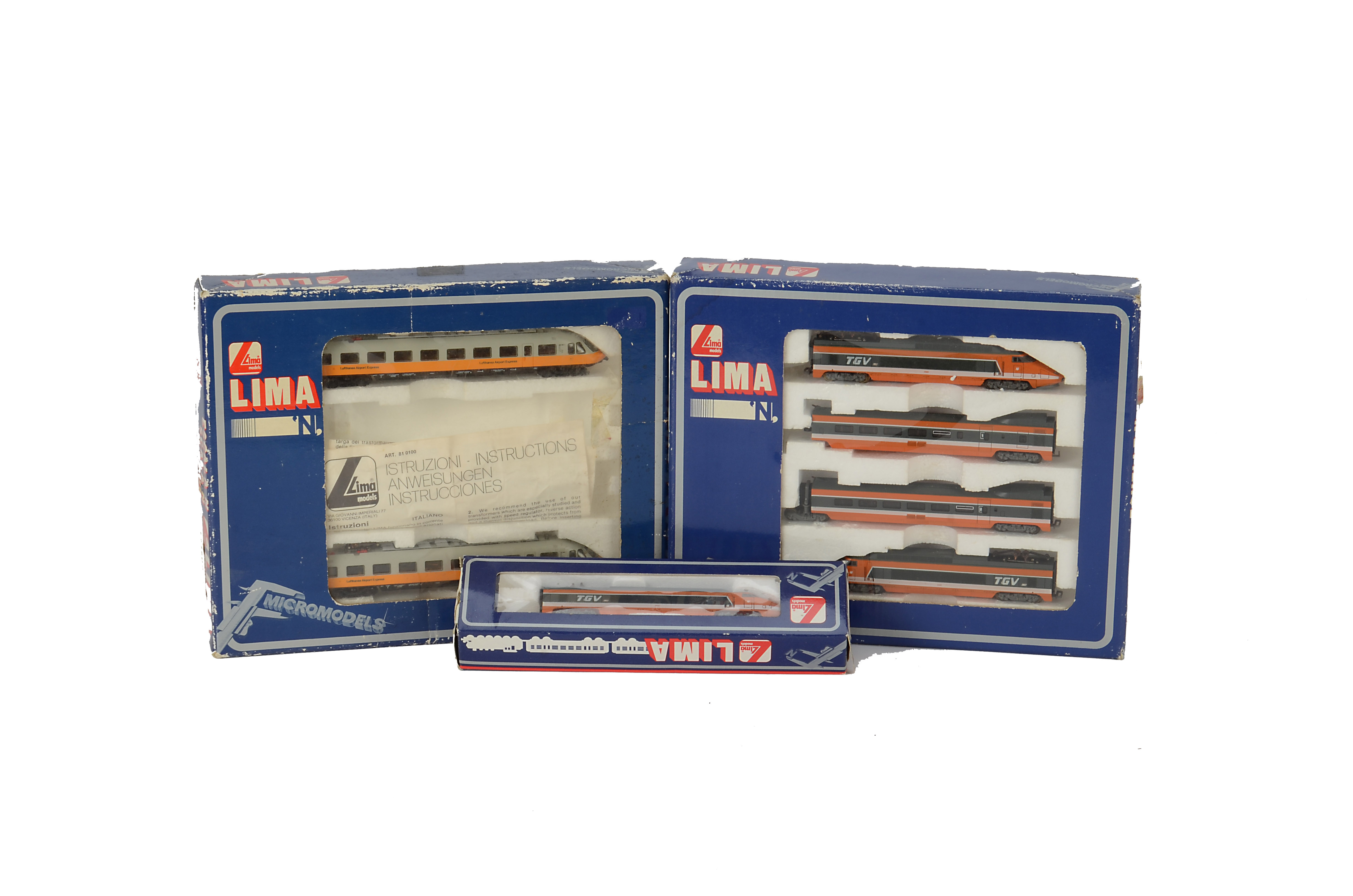 Continental N Gauge Trains by Lima, comprising a 4-car 'TGV' train pack in orange/grey livery, an
