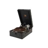 Portable gramophone: an HMV Model 102A, No. 102045451, with 5A soundbox and supplier's label