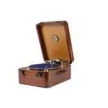 Portable gramophone: an unusual portable in mahogany case with parquetry lid, ash interior, Paillard