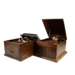 Table grand gramophones: A Maxitone, in oak case; and a partly dismantled HMV 109 (2)