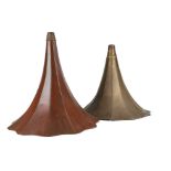 Gramophone horns: a brass Morning Glory horn (various repairs); and another, steel, repainted red (