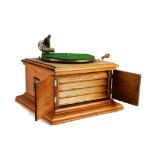 Hornless gramophone: an HMV Model 1 with HMV Exhibition soundbox, in repolished light oak case, 14.