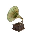 Horn gramophone: a Dulcetto horn gramophone with green pressed steel horn