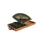 Portable gramophone: a Guiniphone portable, with green card amplifier and light brown cloth-