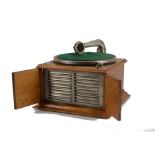 Hornless gramophone: a Cinch, early model with metal grille, now with Gramophone Co. Exhibition