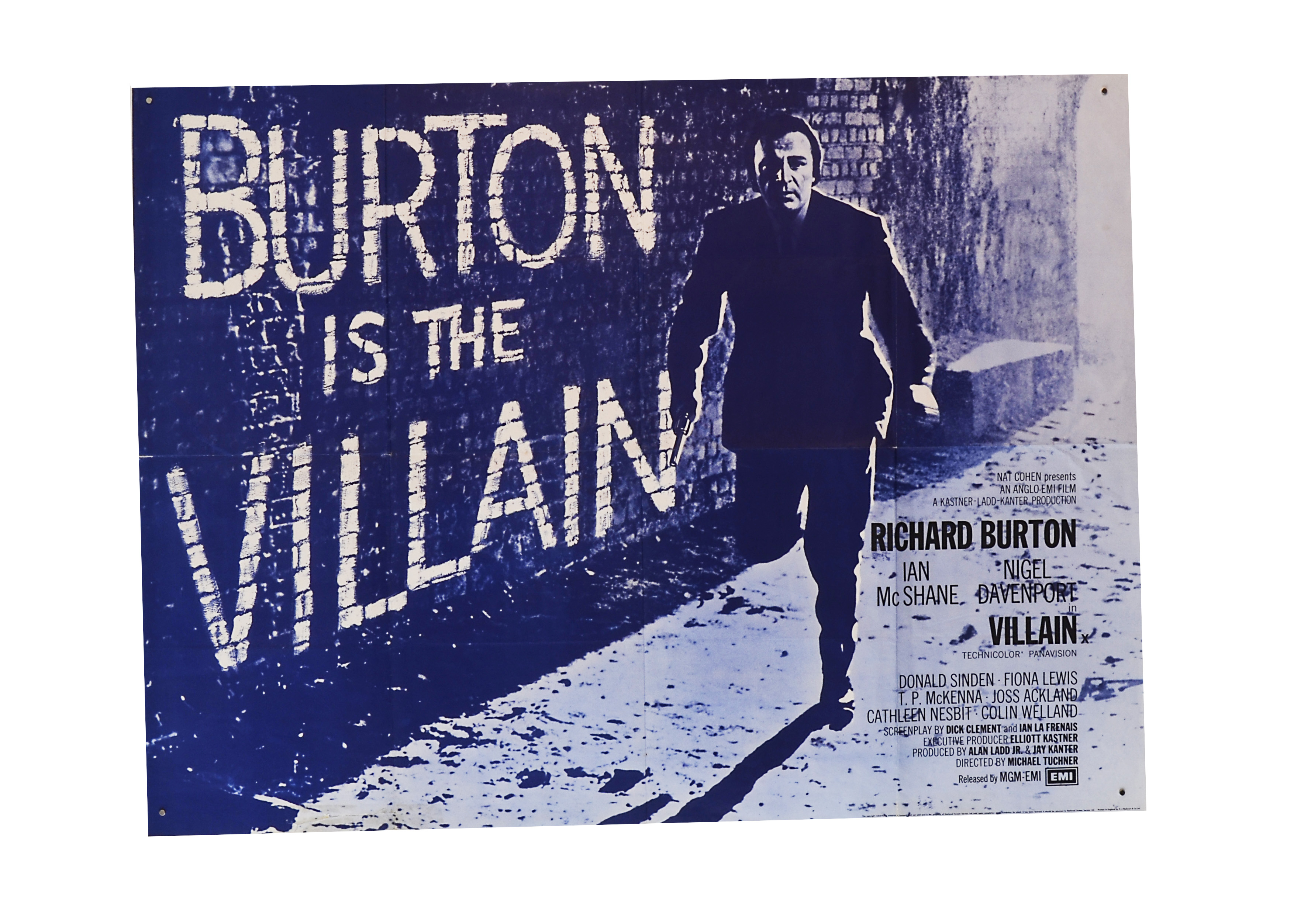 Richard Burton, original UK quad poster for the 1971 film Villain, folded, fair condition with