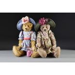 Two Bears-in-the-Gruff artist bears, two lady bears by Betsy Reum, Laura in blue floral printed