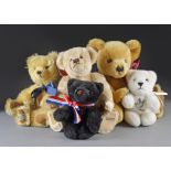 Five Merrythought teddy bears: comprising The Millennium Bear, in original box; a Hamleys Harmon;