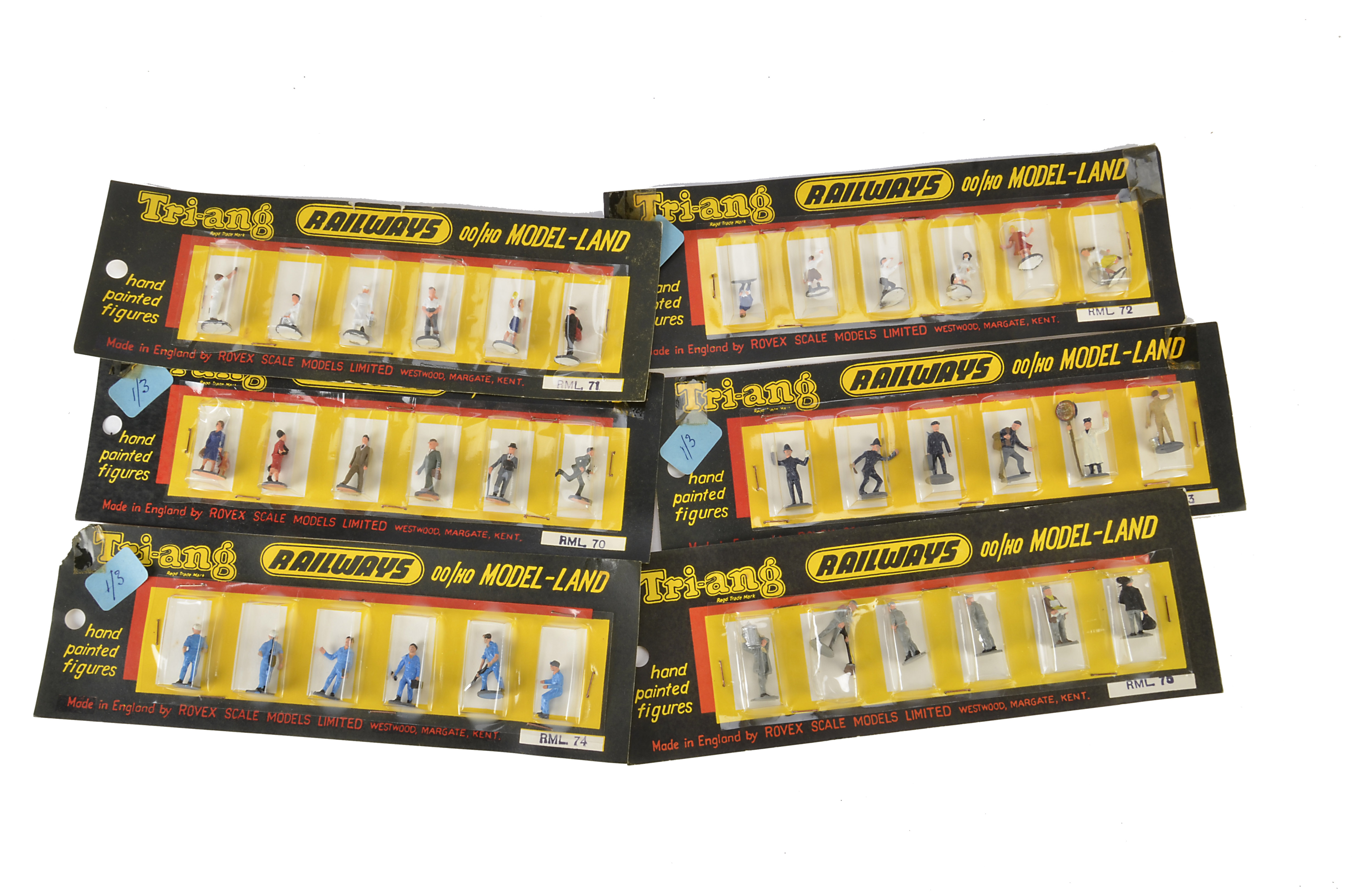 Complete set of Tri-ang Model Land 00 Gauge Figures in original packaging, RML 70, 71, 72, 73, 74