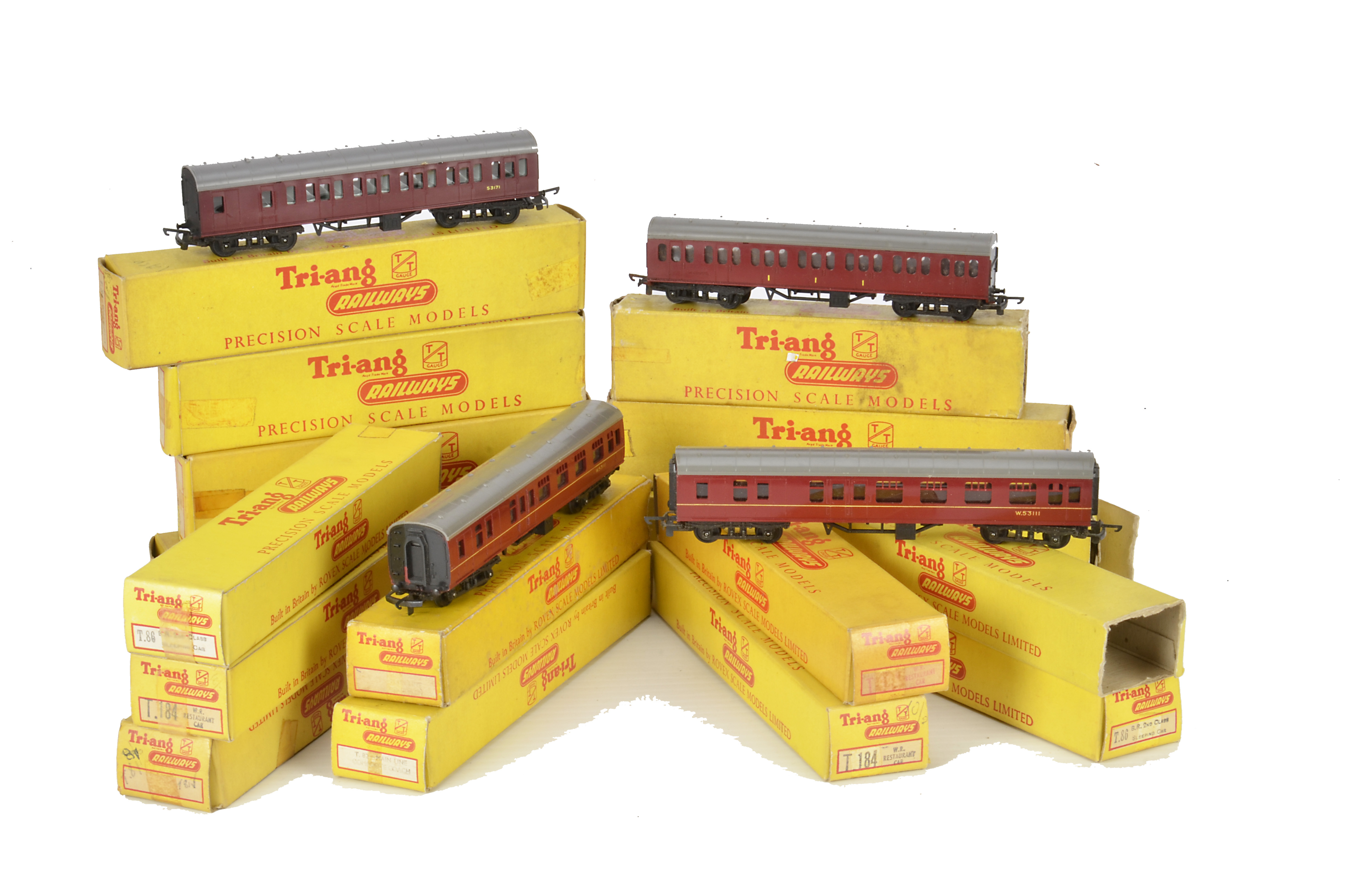 Tri-ang TT Gauge Coaches, including Main Line green (2), maroon (7), chocolate and cream (3),