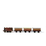 Bing 00 Gauge Electric Table Top LMS Locomotive and Coaches, maroon 2-4-0 Tank with LMS on sides