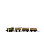 Bing 00 Gauge Electric Table Top GWR Locomotive and Coaches, green lined 2-4-0 Tank with Great