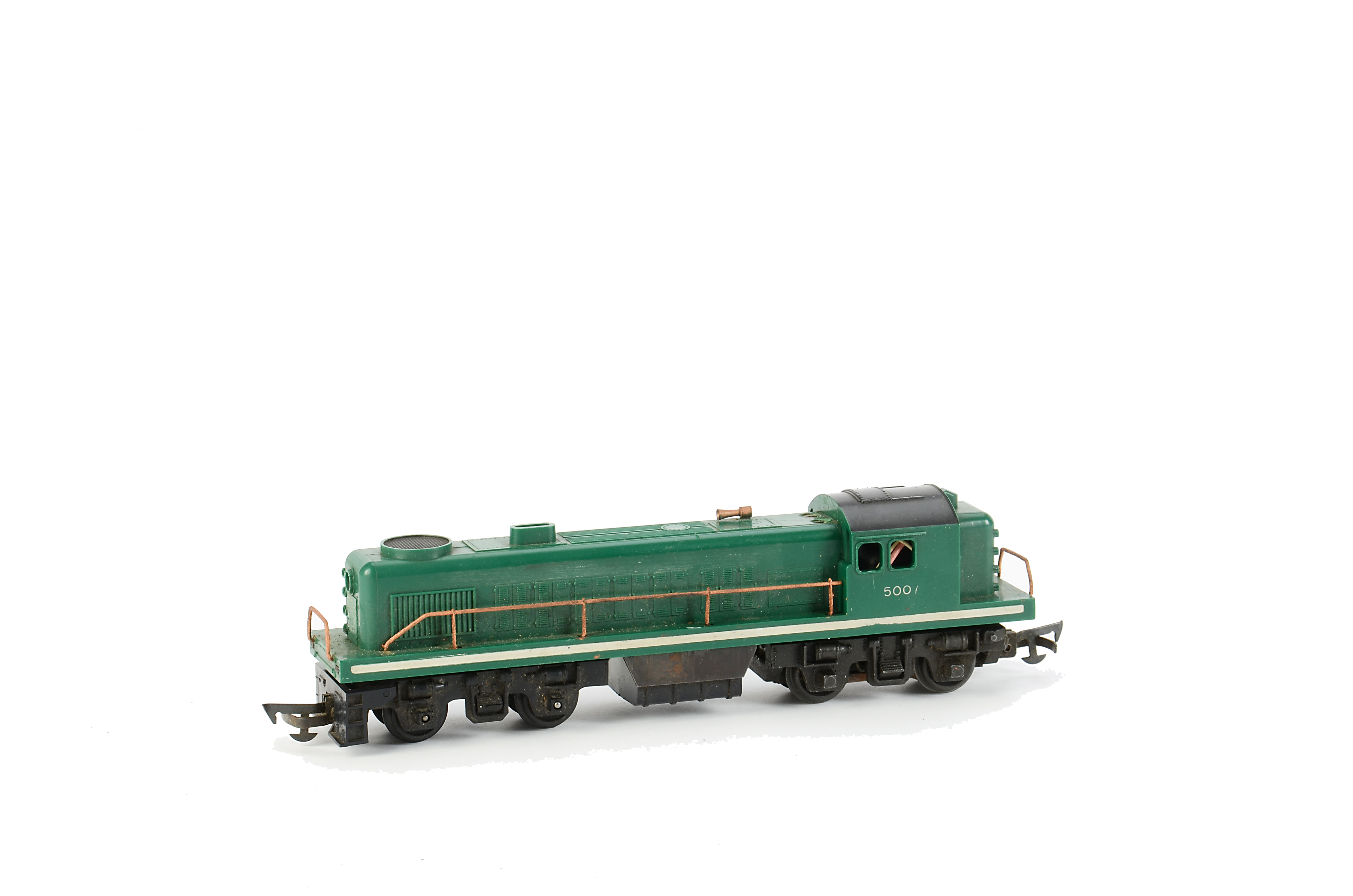 Early Tri-ang 00 Gauge green Switcher, with white lining and painted copper handrails, F-G