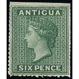 Antigua 1862 (Aug.) no watermark, rough perf 14 to 16, 6d. blue-green unused with large part origi