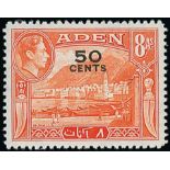 Aden 1951 50c. on 8a. red-orange, variety surcharge double, one albino,