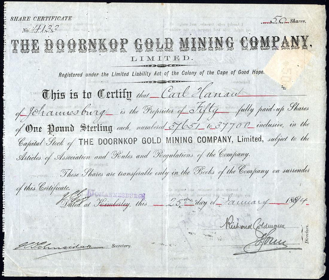 Doornkop Gold Mining Co. Ltd., £1 shares, 188[94], no.4133, issued to Carl Hanau and signed by him