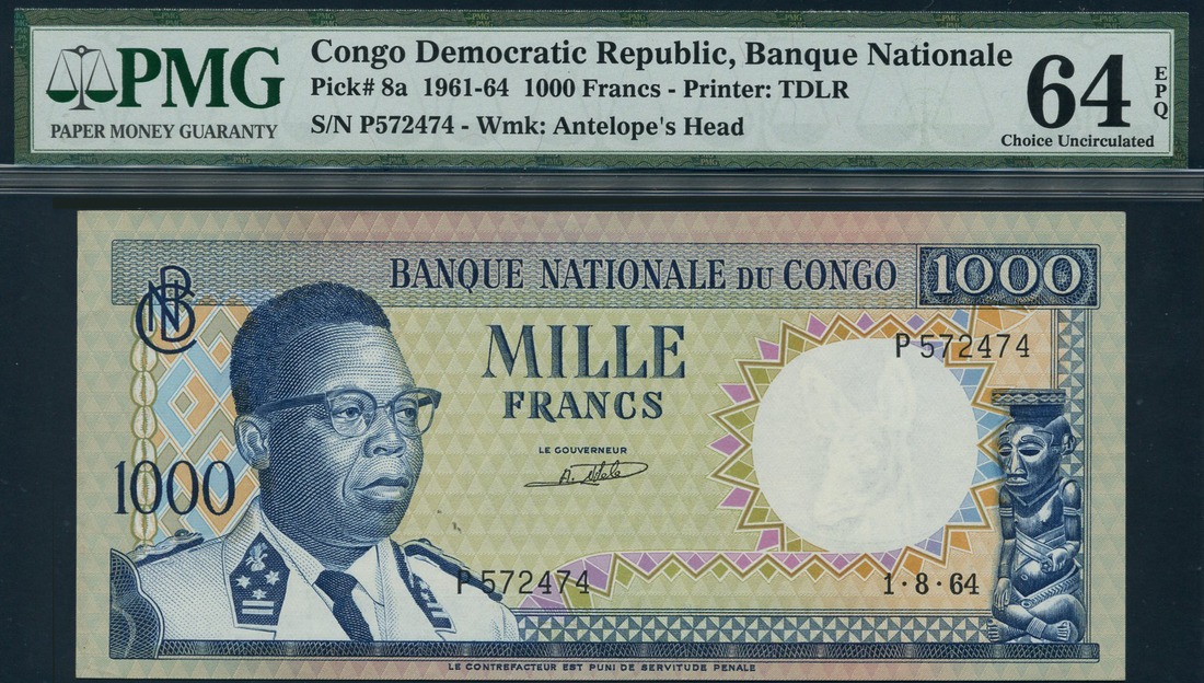 Banque Nationale du Congo, 1000 francs, 1 August 1964, serial number P572474, (TBB B205, Pick 8a),