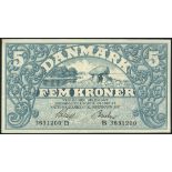 Danish National Bank, 5 kroner, 1917, serial number B3831200, (Pick 20d, 35e),