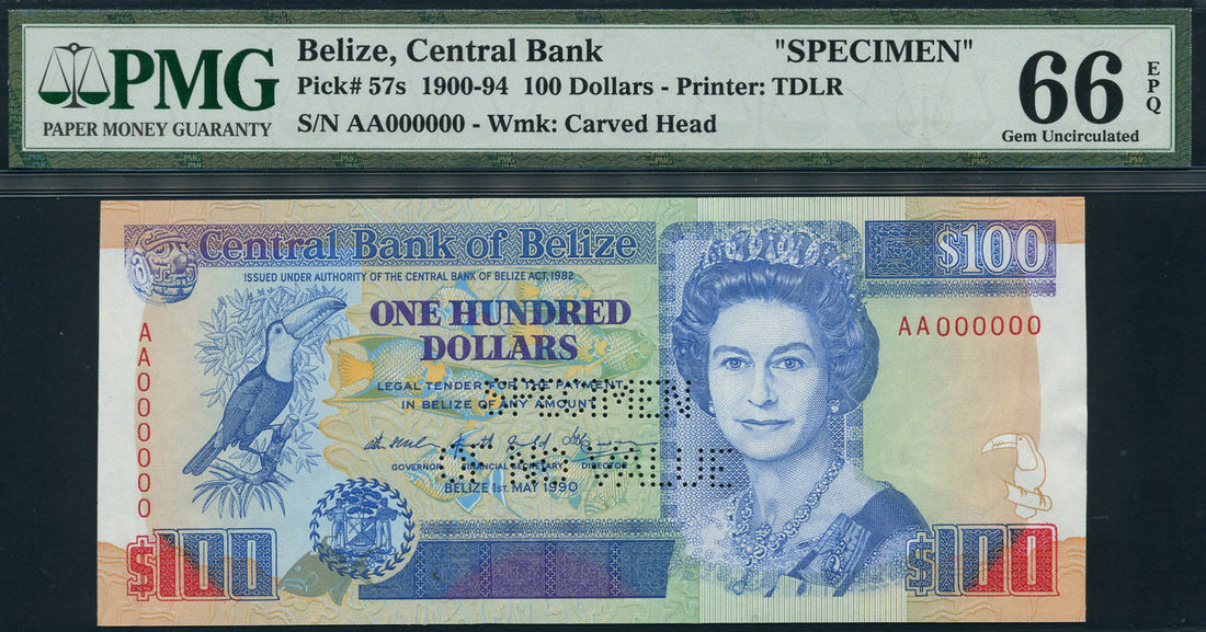 Central Bank of Belize, specimen $100, 1 May 1990, serial number AA 000000, (TBB B315, Pick 57s),