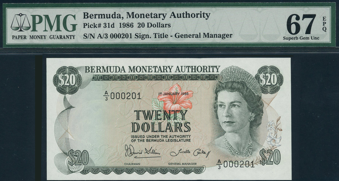 Bermuda Monetary Authority, $20, 1 January 1986, serial number A/3 000201, (TBB B204, Pick 31d),