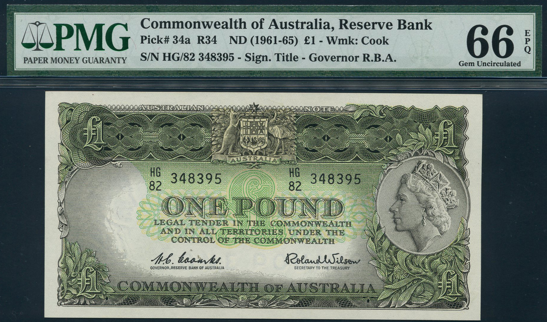Reserve Bank of Australia, $1, ND (1961-65), serial number HG/82 348395, (TBB B202, Pick 34a),