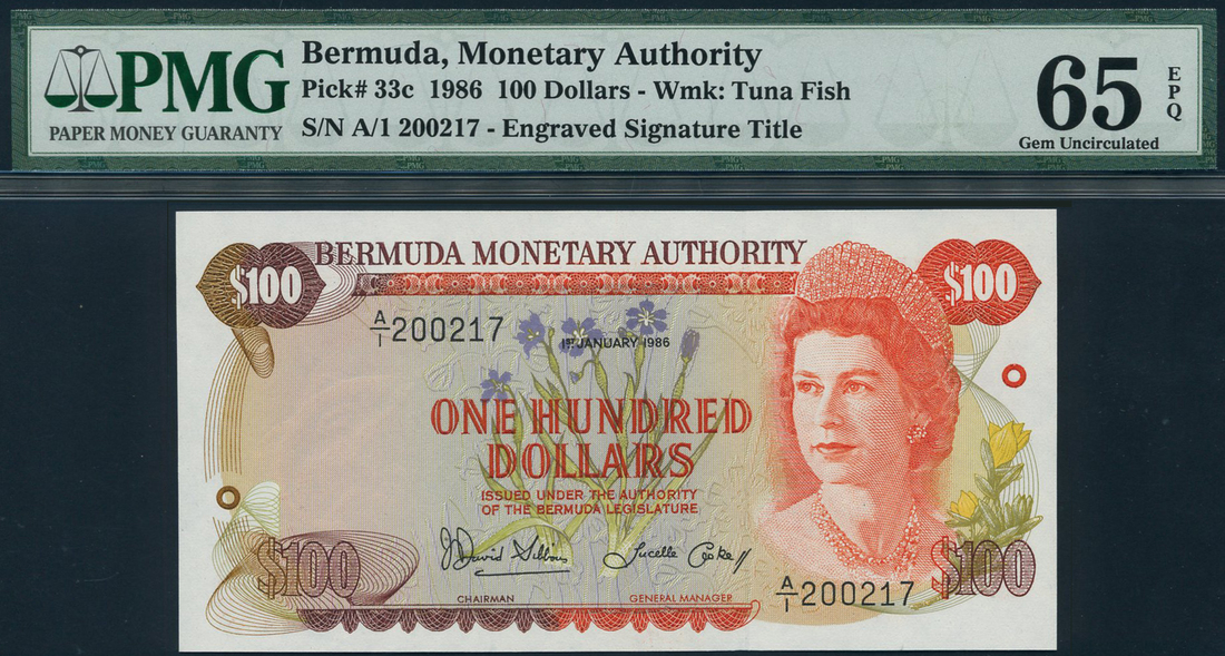 Bermuda Monetary Authority, $100, 1 January 1986, serial number A/1 200217, (TBB B206, Pick 33c),