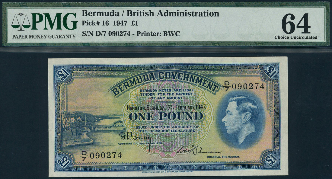 Bermuda Government, £1, 17 February 1947, serial number D/7 090274, (TBB B117, Pick 16),