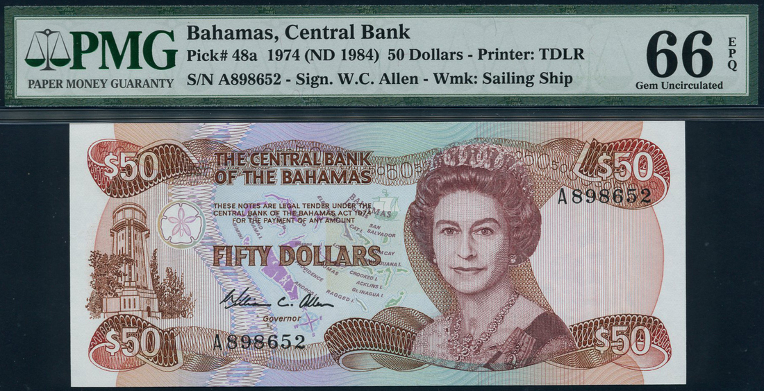 Central Bank of the Bahamas, $50, ND (1984), serial number A 898652, (TBB B313, Pick 48a),