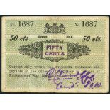 Diyatalawa, Prisoner of War currency during the Boer War for Ceylon, 50 cents, handstamped date 31