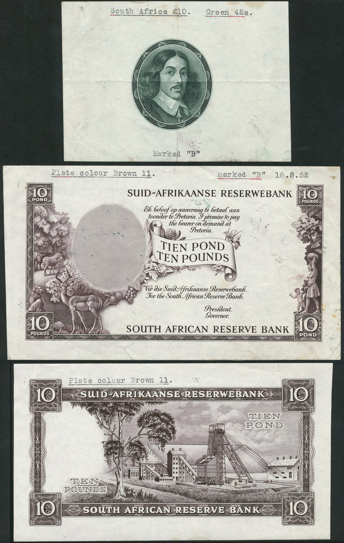 South African Reserve Bank, die proofs for £10, ND (1952), (Pick 99 for type),
