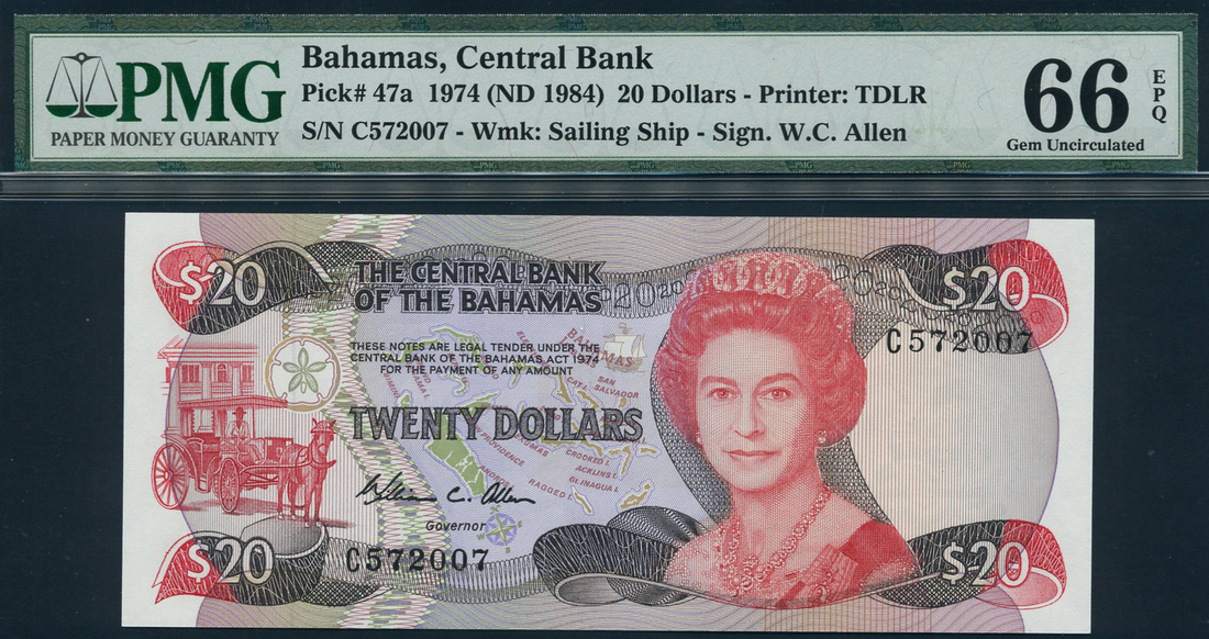 Central Bank of the Bahamas, $20, ND (1984), serial number C 572007, (TBB B312, Pick 47a),